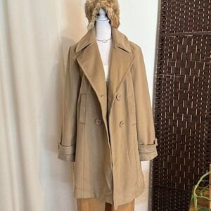 Kenneth Cole 100% Wool Tan and Cream Trench Coat Mid Length Size 14 Preppy Vibe